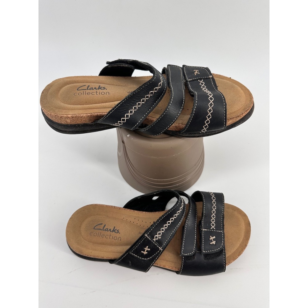 Clarks Collection Womens Black Leather Adjustable Strap Comfort Sandals‎ US 7